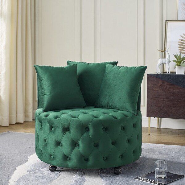 30 Round Velvet Swivel Chair with 3 Pillows and Button Tufted