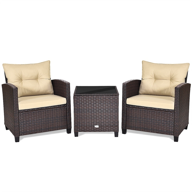 3 Pcs Rattan Patio Conversation Set Outdoor Wicker Sofa Set with Washable Cushions & Coffee Table