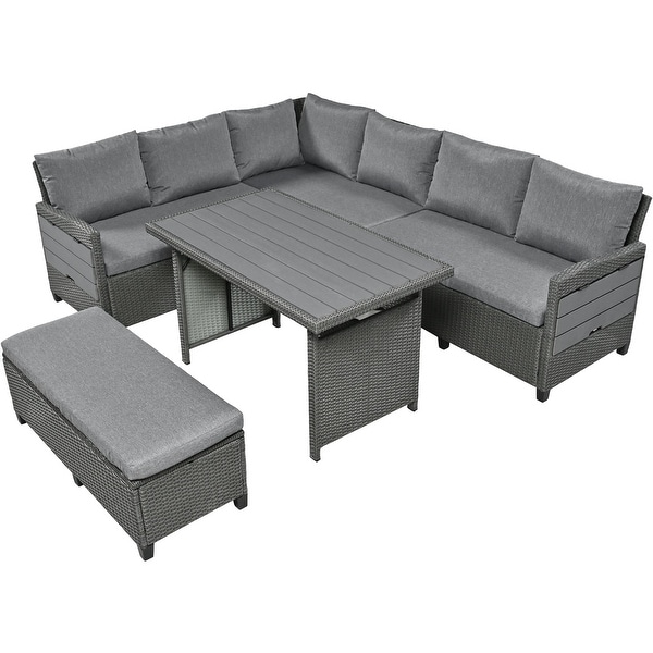 5piece Patio Rattan Sofa Furniture Set Garden Lshaped Wicker Couch Outdoor Conversation Set with 2 Extendable Side Tables