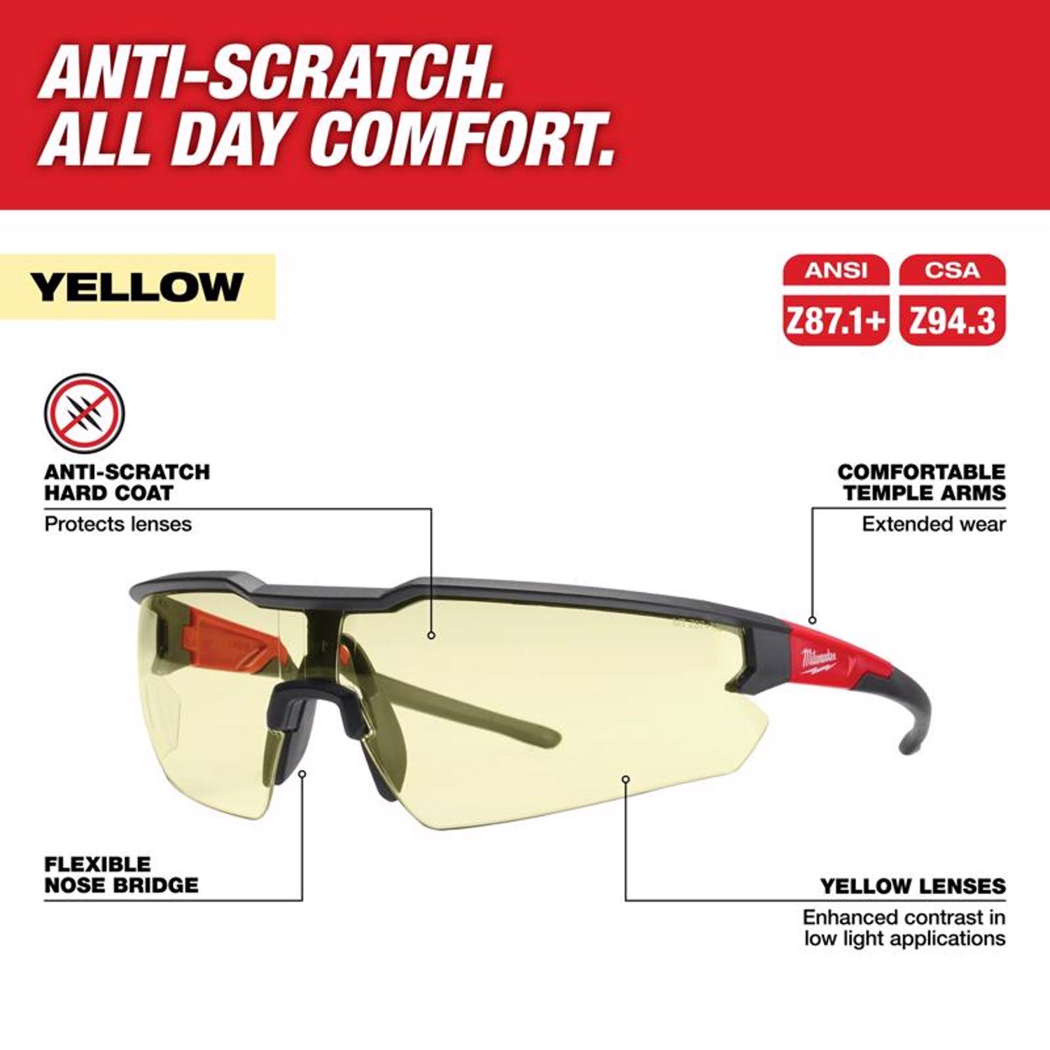 MW Anti-Scratch Safety Glasses Yellow Lens Black/Red Frame