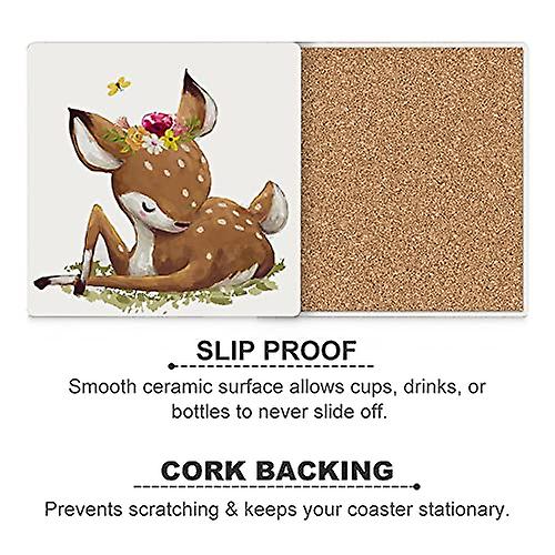 Colourlife Cute Watercolor Deer Printed Square Ceramic Coaster For Drinks With Cork Base For Coffee Cups Place Mats For Home Decor Set Of 6 Pieces