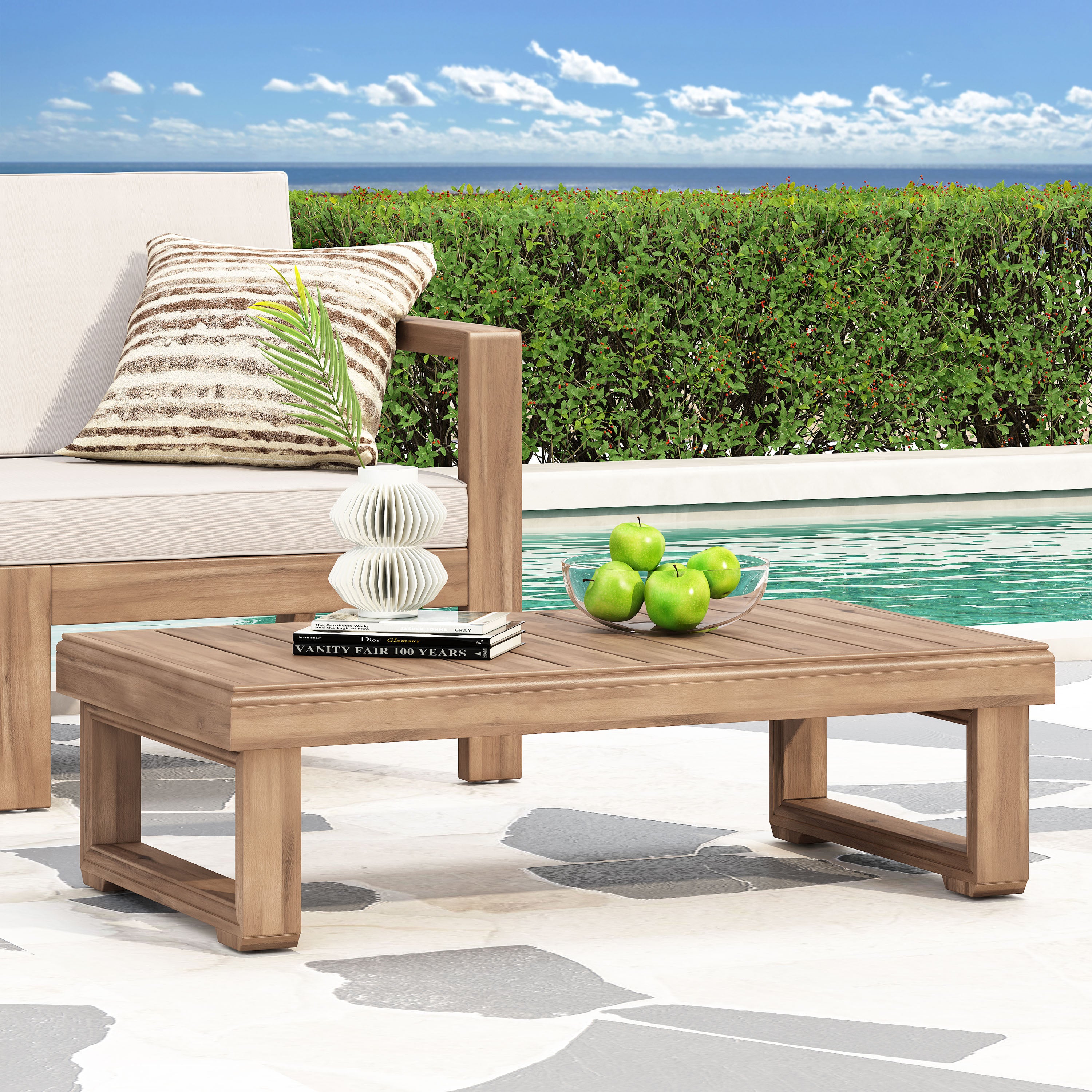 Andrae Outdoor Acacia Wood Rectangular Coffee Table, Brown Wash