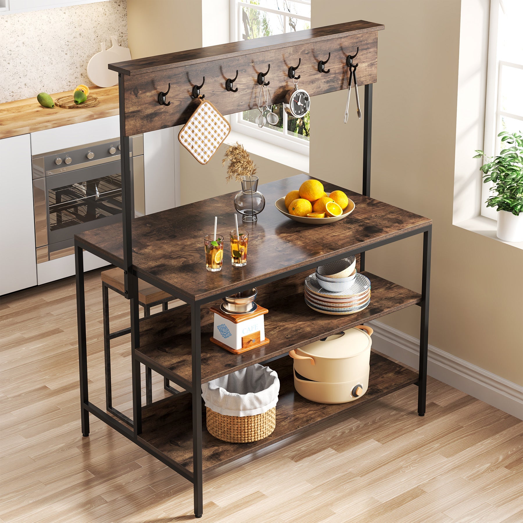 3 Tiers Kitchen Island Kitchen Storage Shelf with 14 Hooks