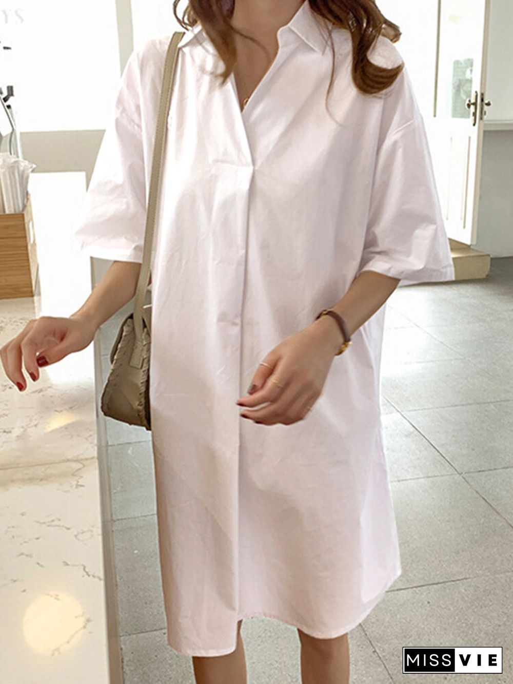 Solid Lapel Half Sleeve Casual Dress