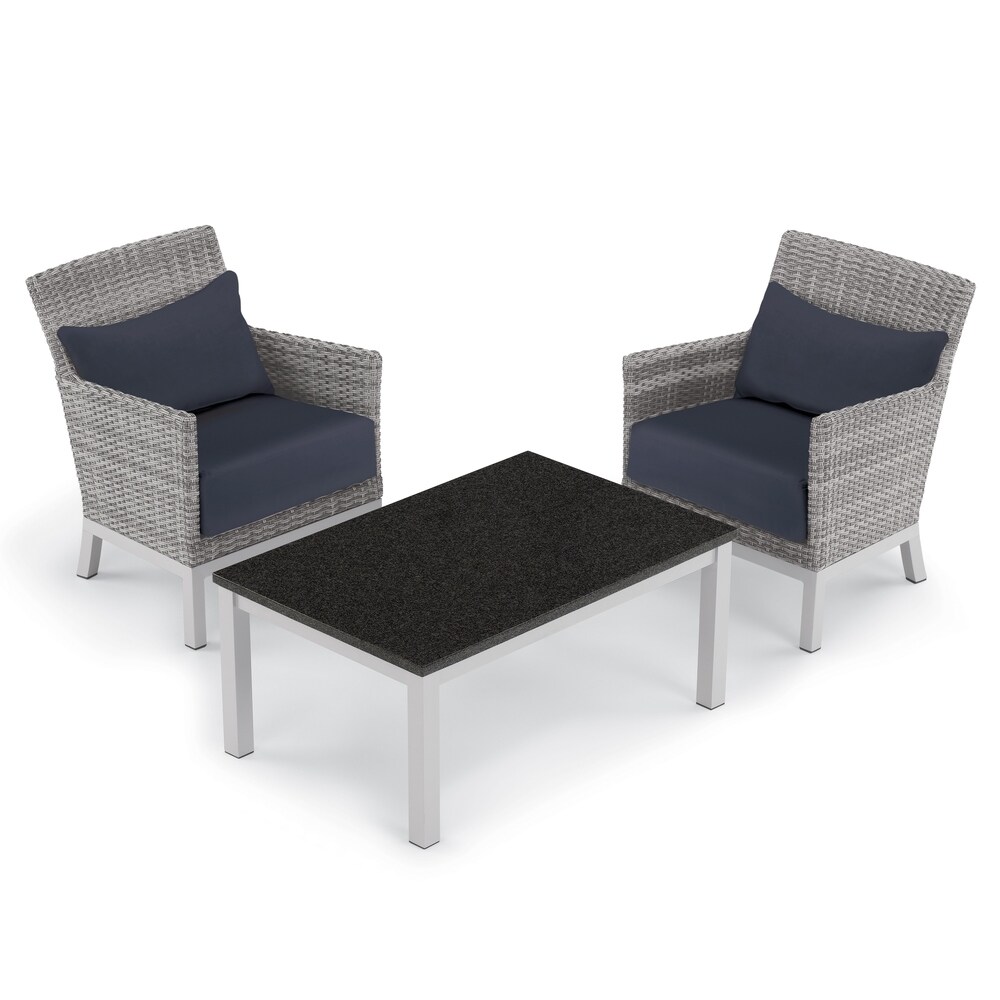 Oxford Garden Argento 3 piece Resin Wicker Club Chair   Travira Lite Core Coffee Table Set   Midnight Blue Cushion   Pillow