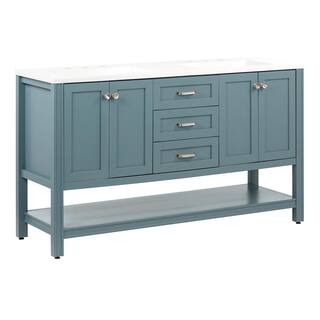 Home Decorators Collection Northwind 60.25 in. W x 18.75 in. D Bath Vanity in Sage with Cultured Marble Vanity Top in White with Integrated Sinks B60X20136