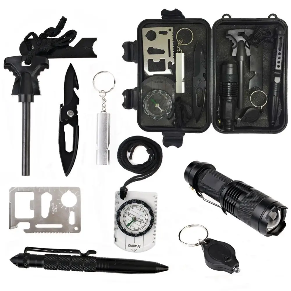 Outdoor Camping Flashlight Compass Whistle Emergency Bushcraft Survival Gear Kit for Hiking Travel Climbing