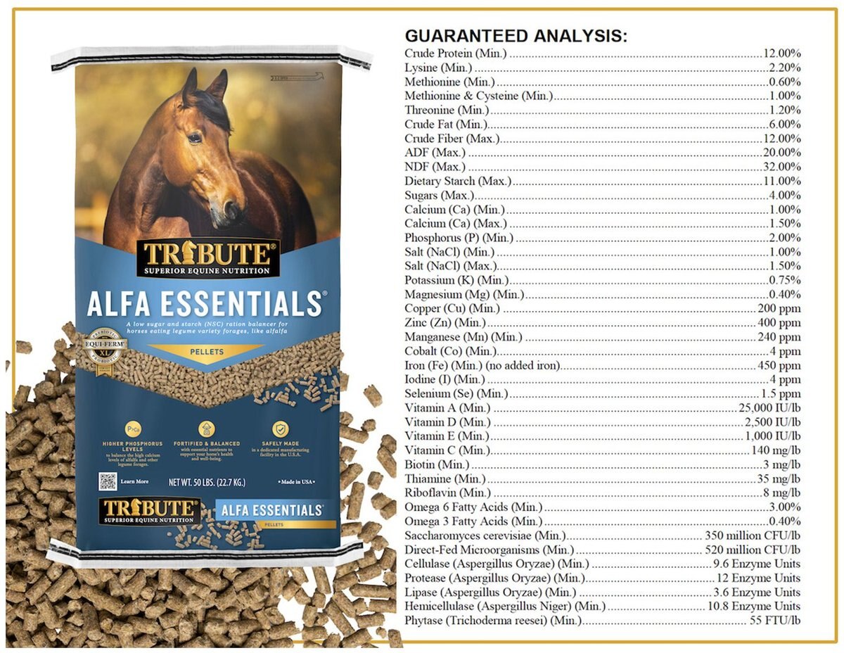 Tribute Equine Nutrition Alfa Essentials Pellets Horse Feed， 50-lb bag