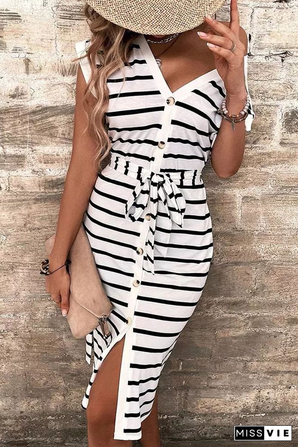 Striped Button Slit Tie V-Neck Midi Dress