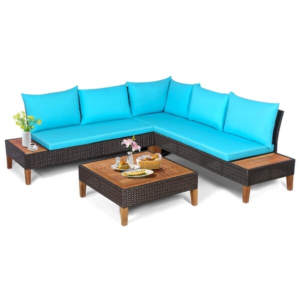 Costway 4PCS Patio Rattan Furniture Set Cushioned Loveseat w/Wooden