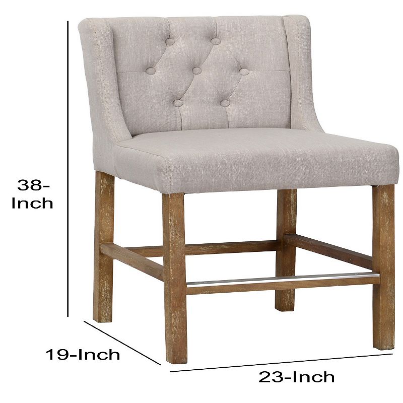 Wooden Counter Height Stool with Fabric Padded Seat and Tufted Wing Back， Beige and Brown