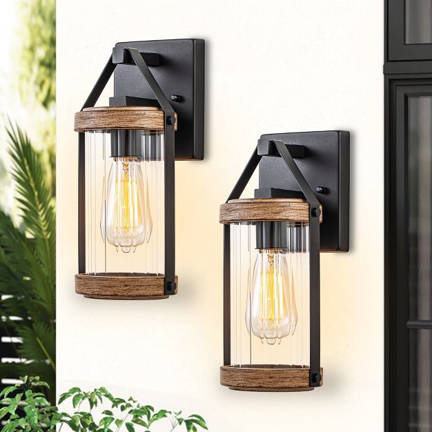 C Cattleya Black And Woodgrain Outdoor Wall Lantern Sconces With Clear Strip Glass Shade 2 pack