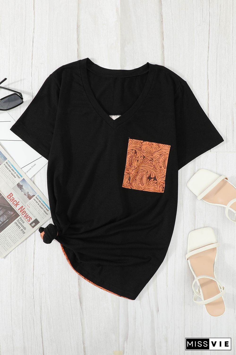 Black Women's Casual Printed Splicing Pullover Pocket T-shirt