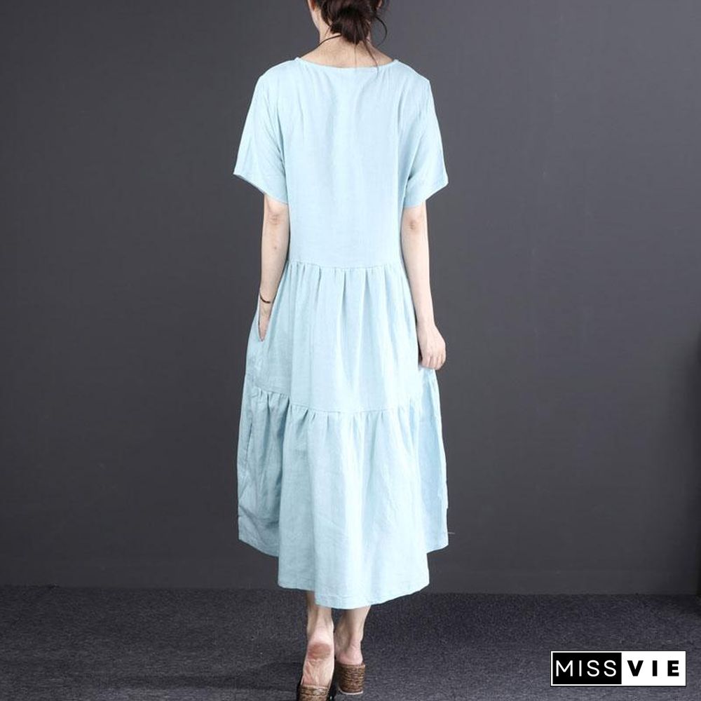 Fine linen dress oversized Short Sleeve Embroidered Flax Irregular Blue Dress