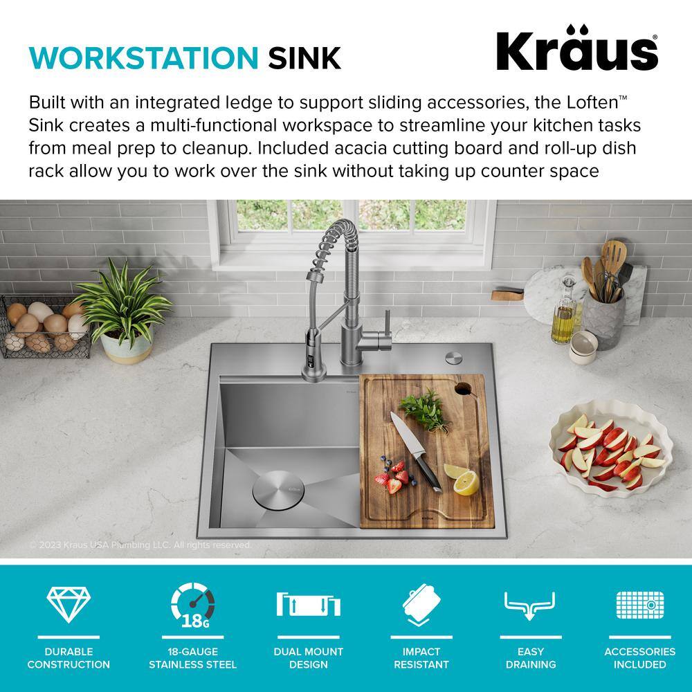 KRAUS Loften 25 in. Drop-inUndermount Single Bowl Stainless Steel Kitchen Workstation Sink with Accessories KWT321-2518