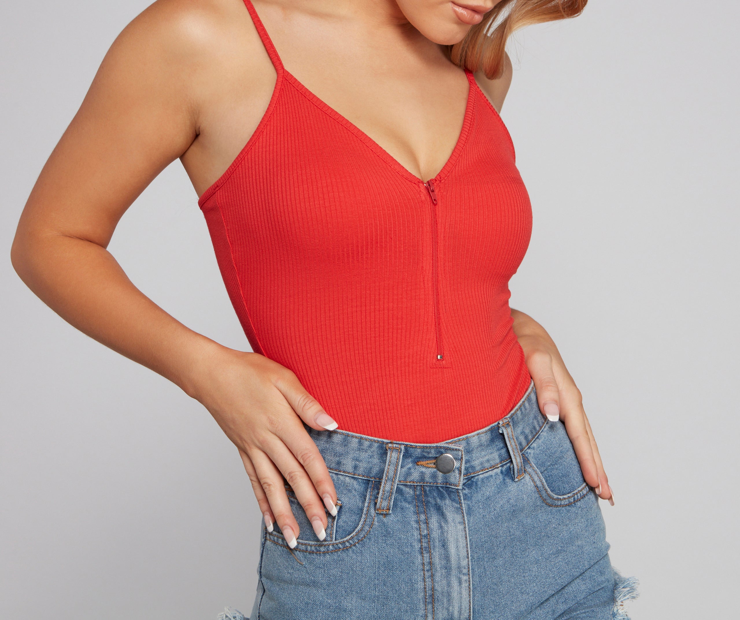 Basic Zip-Front Ribbed Knit Bodysuit