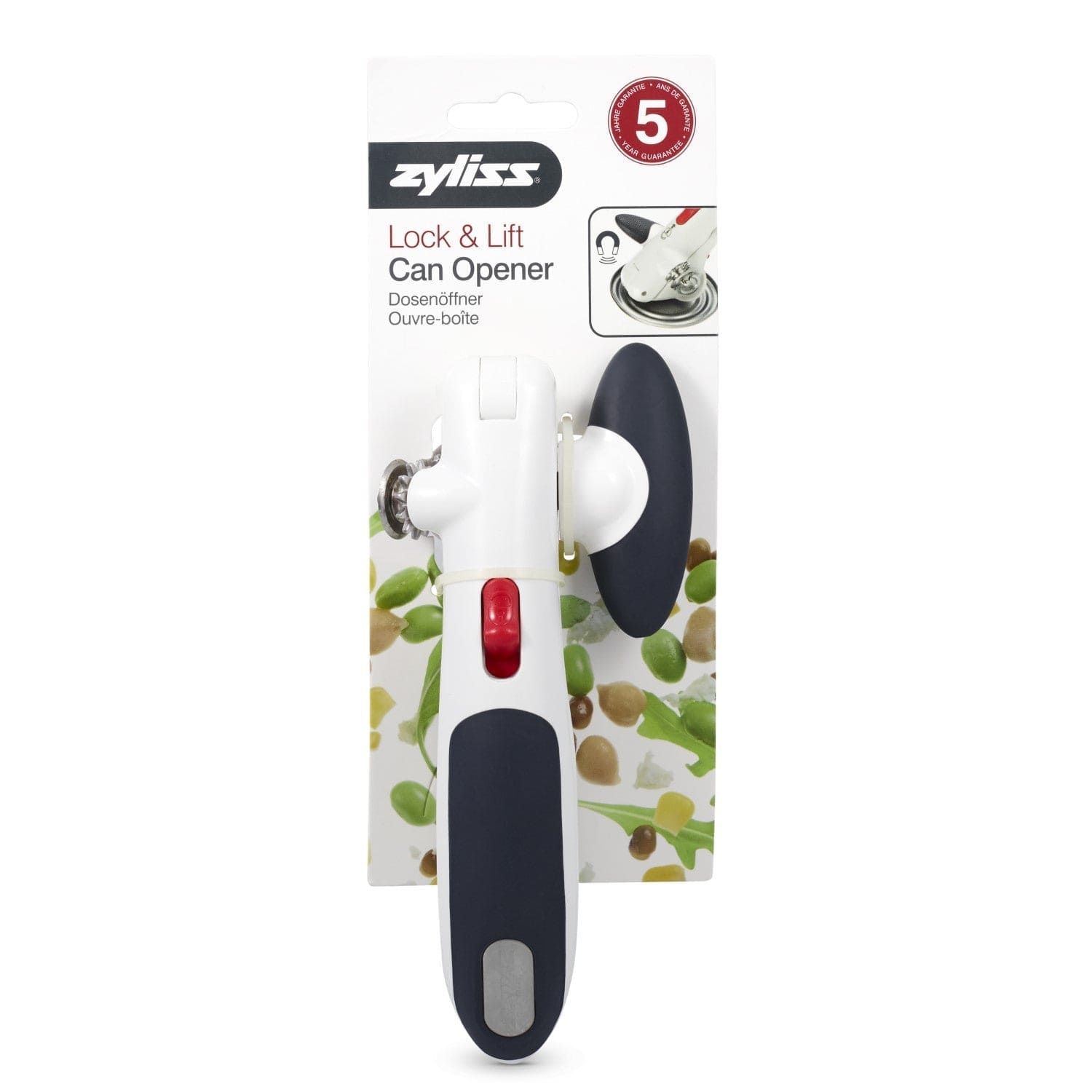 Lock N' Lift Can Opener with Lid Lifter Magnet, White