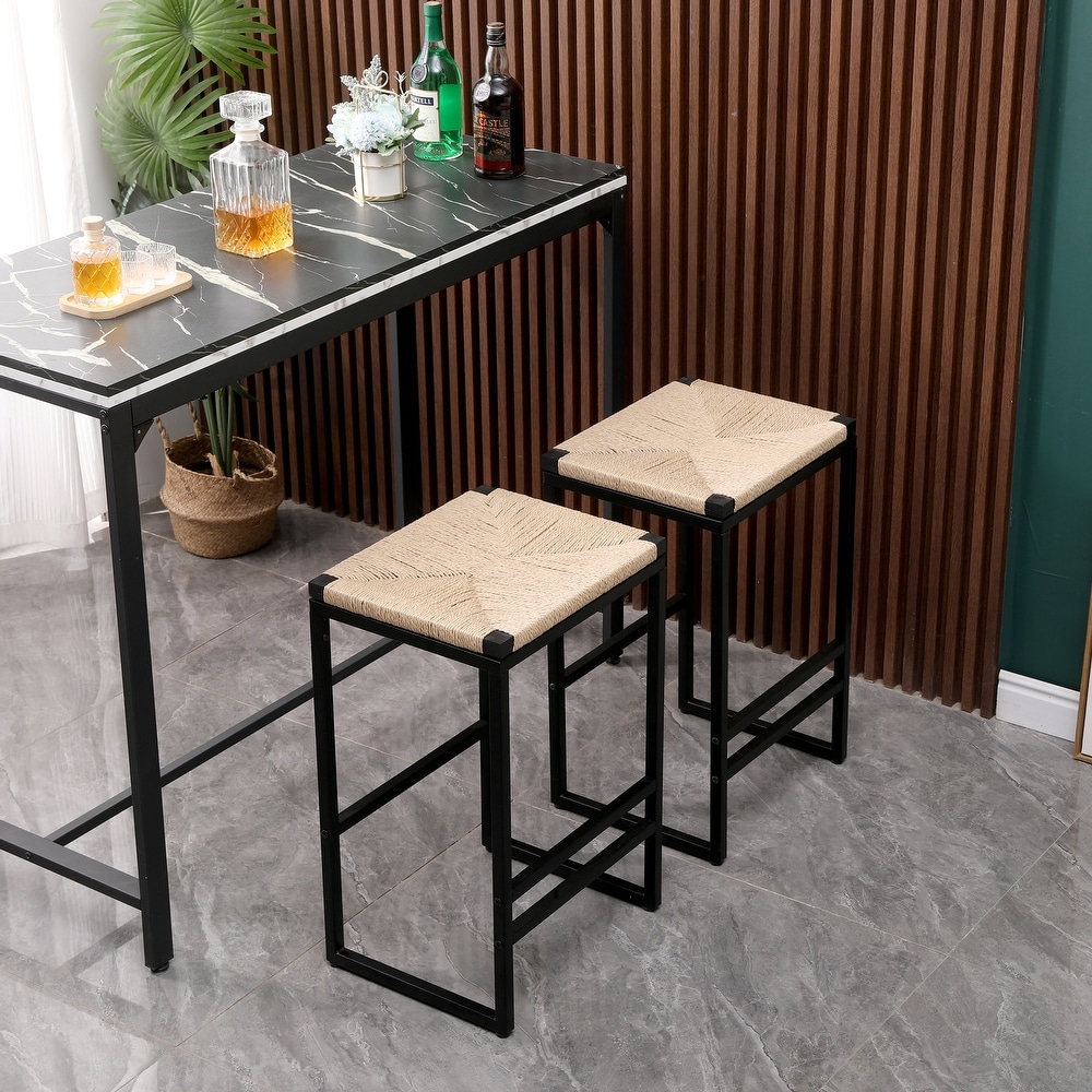 Backless Bar Stools Set of 2  Counter Height Dining Chairs with Paper Rope Woven Upholstered Seat and Black Metal Footrest