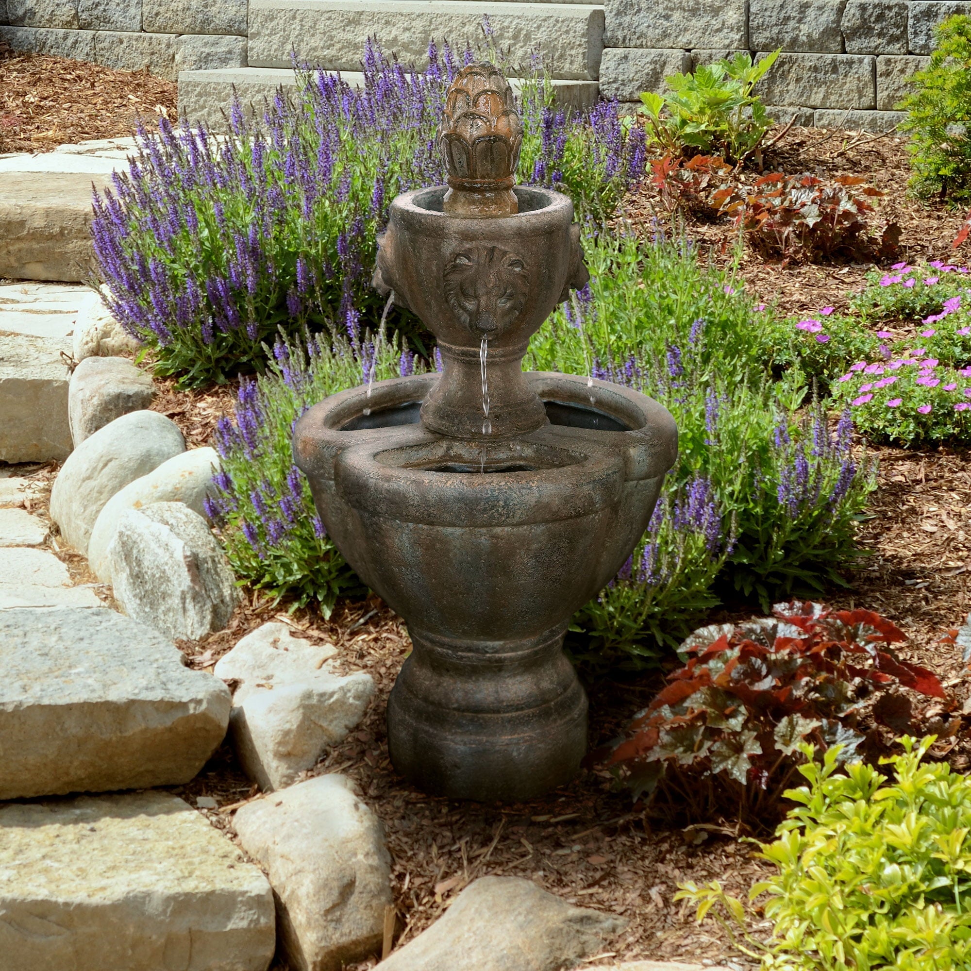 Outdoor Water Fountain, 2 Tier Lion Head Fountain With Natural Looking Stone and Soothing Sound for Decor on Patio, Lawn and Garden By Pure Garden