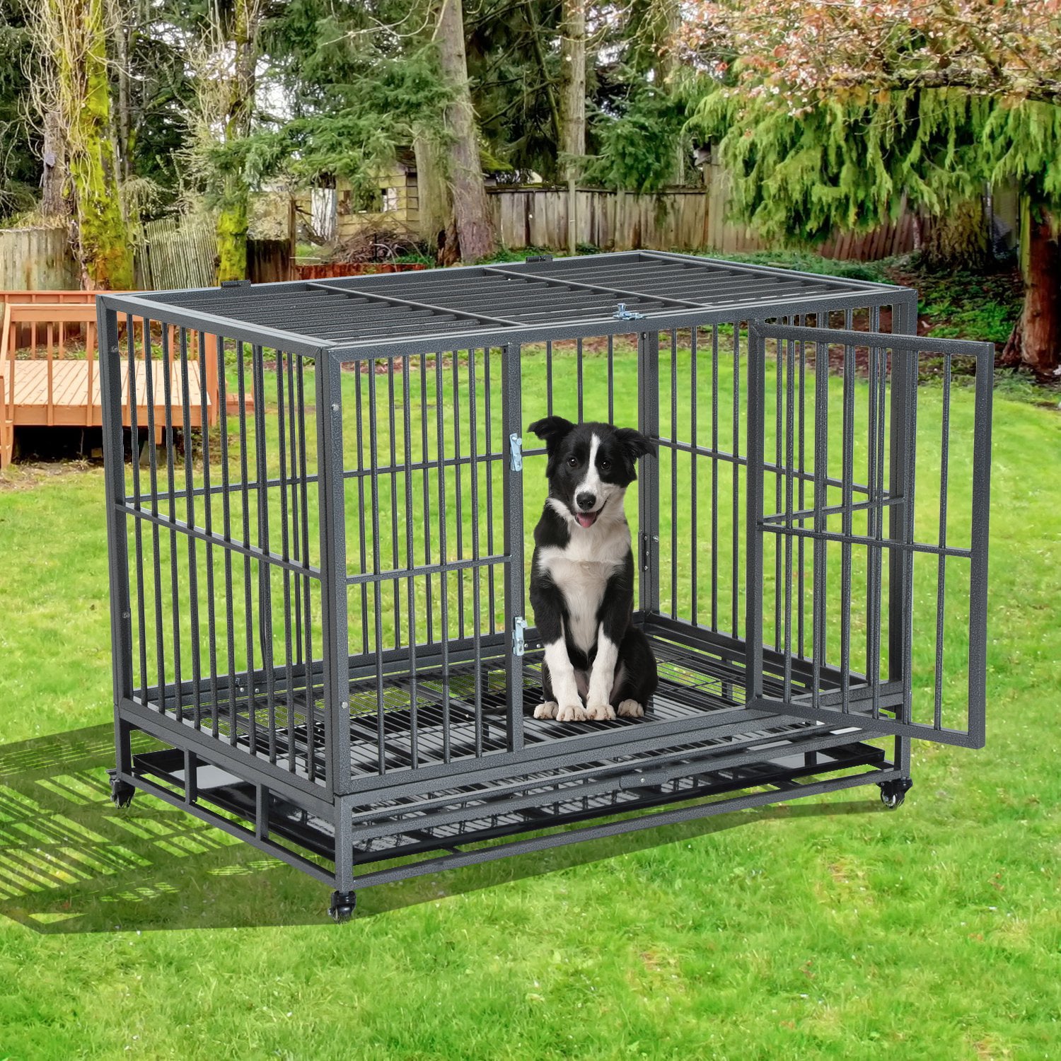 ametoys 42 Stainless Steel Elevated Large Rolling Pet Crate With Dual Pans and Wheels