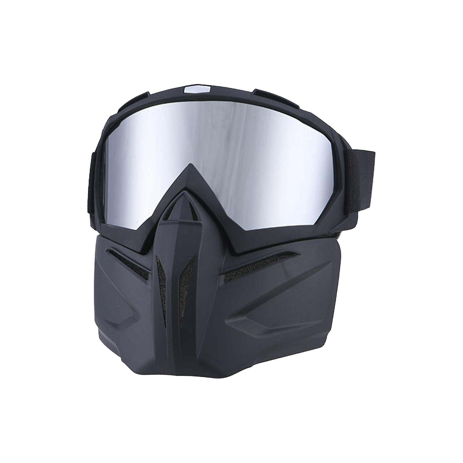 Motorcycle Helmet Riding Goggles Glasses With Face Mask Bicycle Face Shield Silver Lens