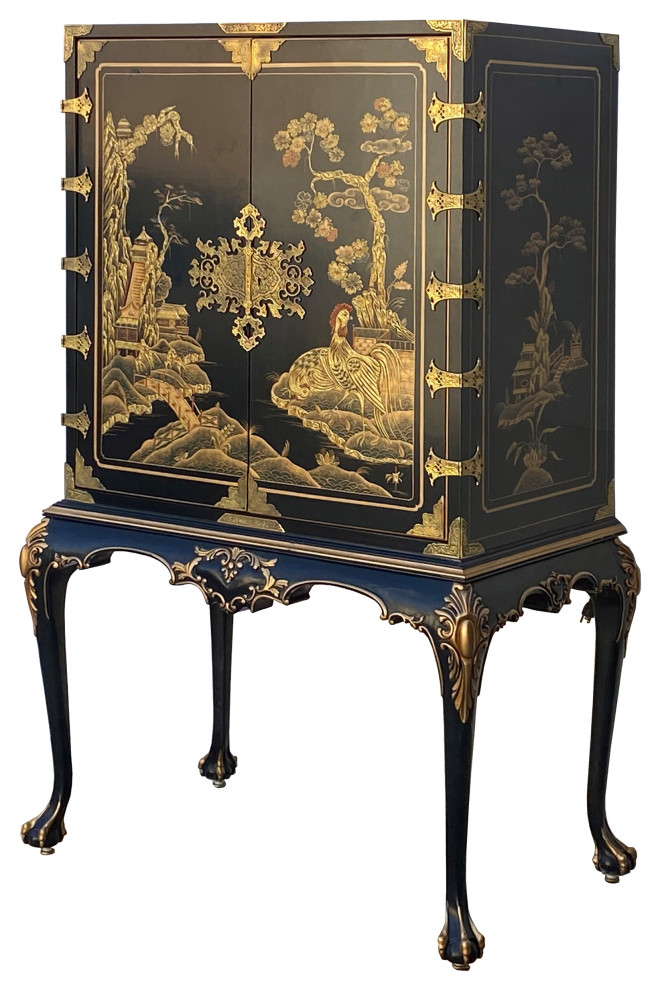 Vintage Chinoiserie Black And Gold Graphic Claw Legs Cabinet Hcs7263   Asian   Accent Chests And Cabinets   by Golden Lotus Antiques  Houzz