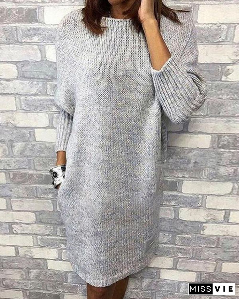 Solid Round Neck Casual Sweater Dress