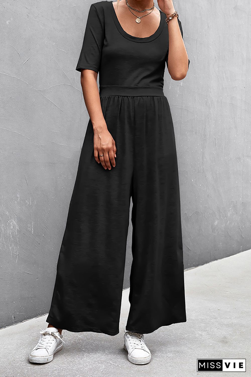 Solid Color Short Sleeve Wide Leg Jumpsuit Wholesale