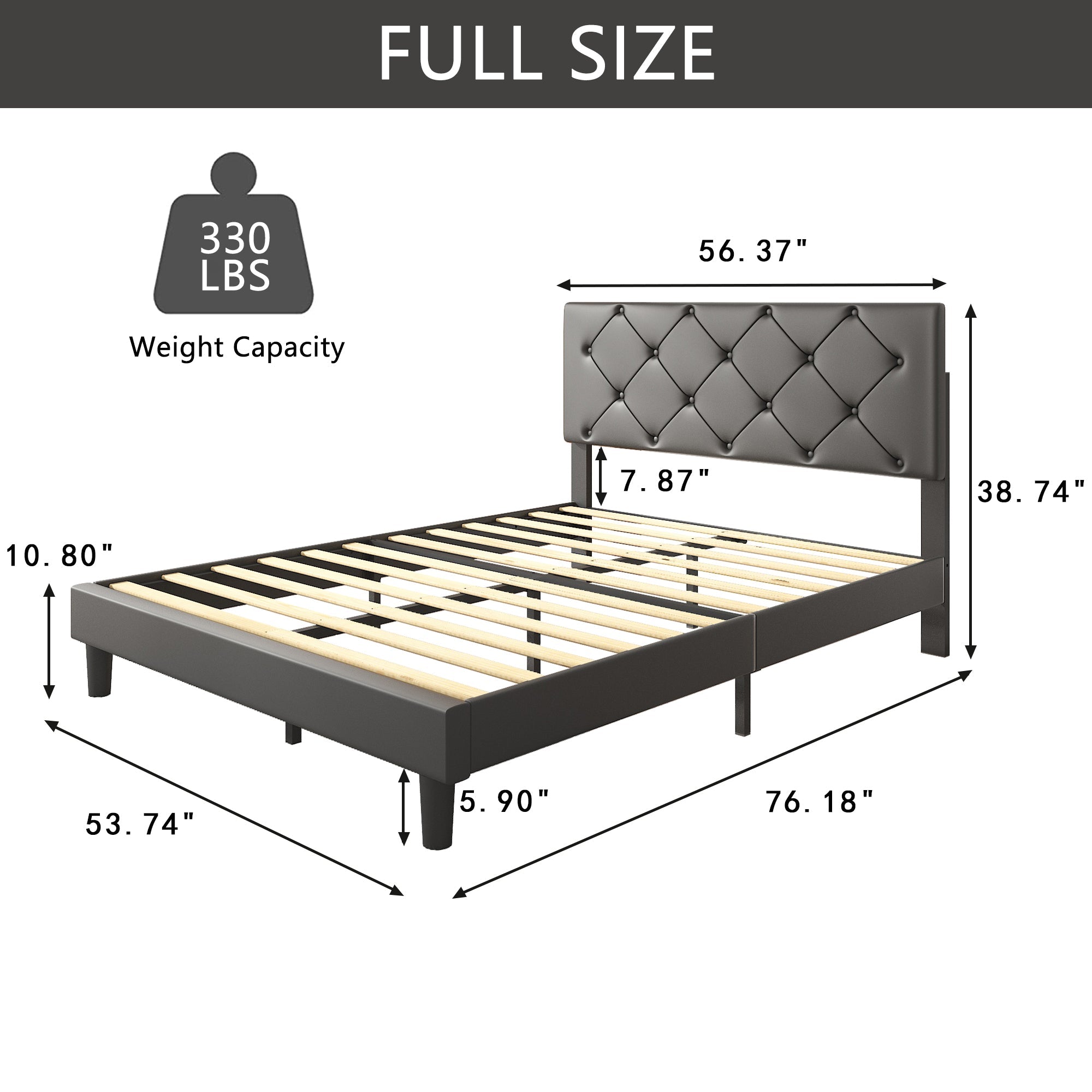 uhomepro Upholstered Platform Full Bed Frame for Adults Kids, Modern Black Full Bed Frame with Headboard, Wood Slat Support, Mattress Foundation, No Box Spring Needed