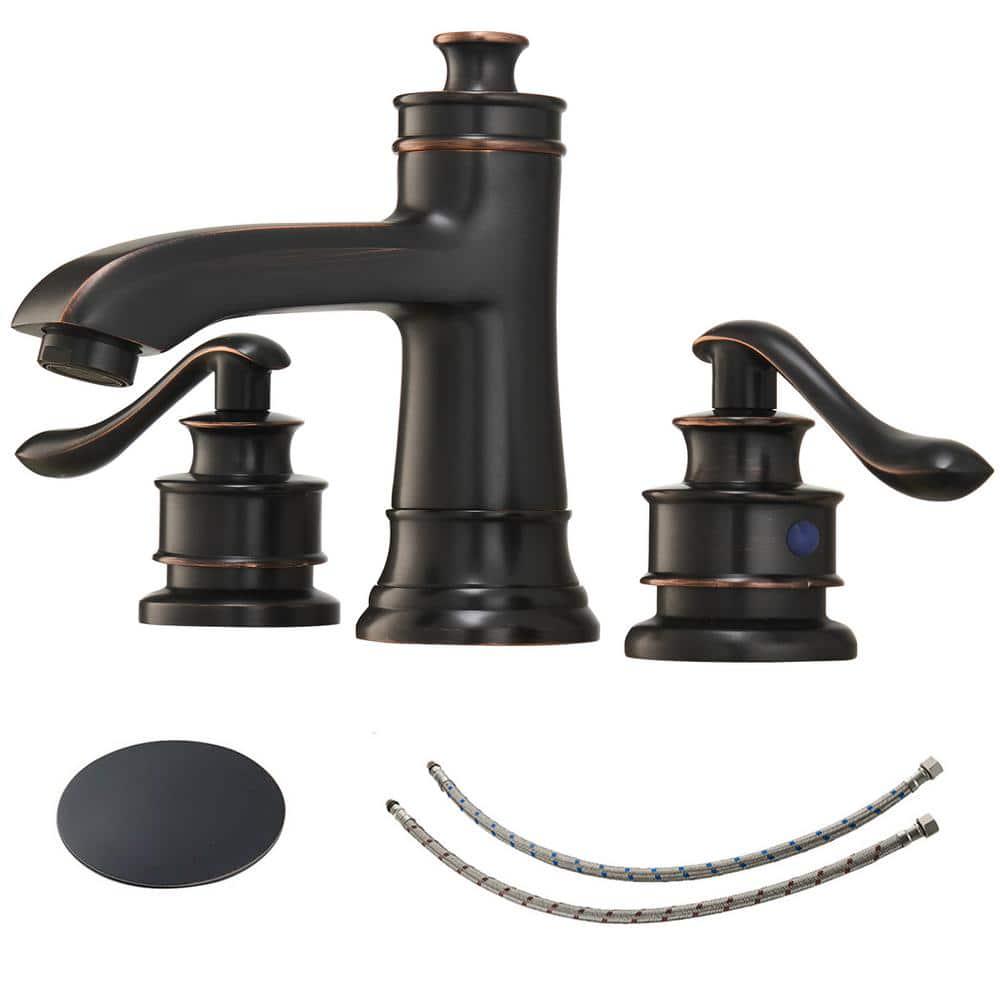 BWE 8 in Widespread Double Handle Bathroom Faucet With Popup Drain Assembly in Oil Rubbed Bronze