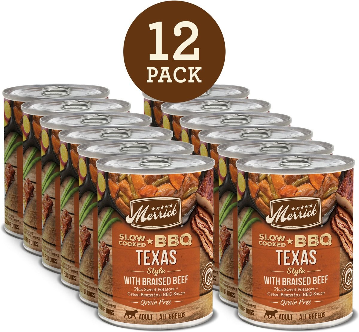 Merrick Slow-Cooked BBQ Texas Style Braised Beef Recipe Grain-Free Canned Dog Food， 12.7-oz can， case of 12