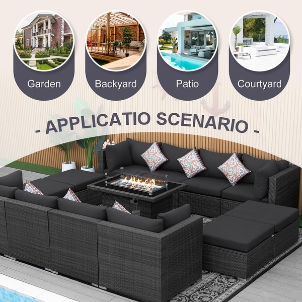 Nicesoul Outdoor Grey Wicker Sectional Furniture Patio Sofa Set with Firepit Table