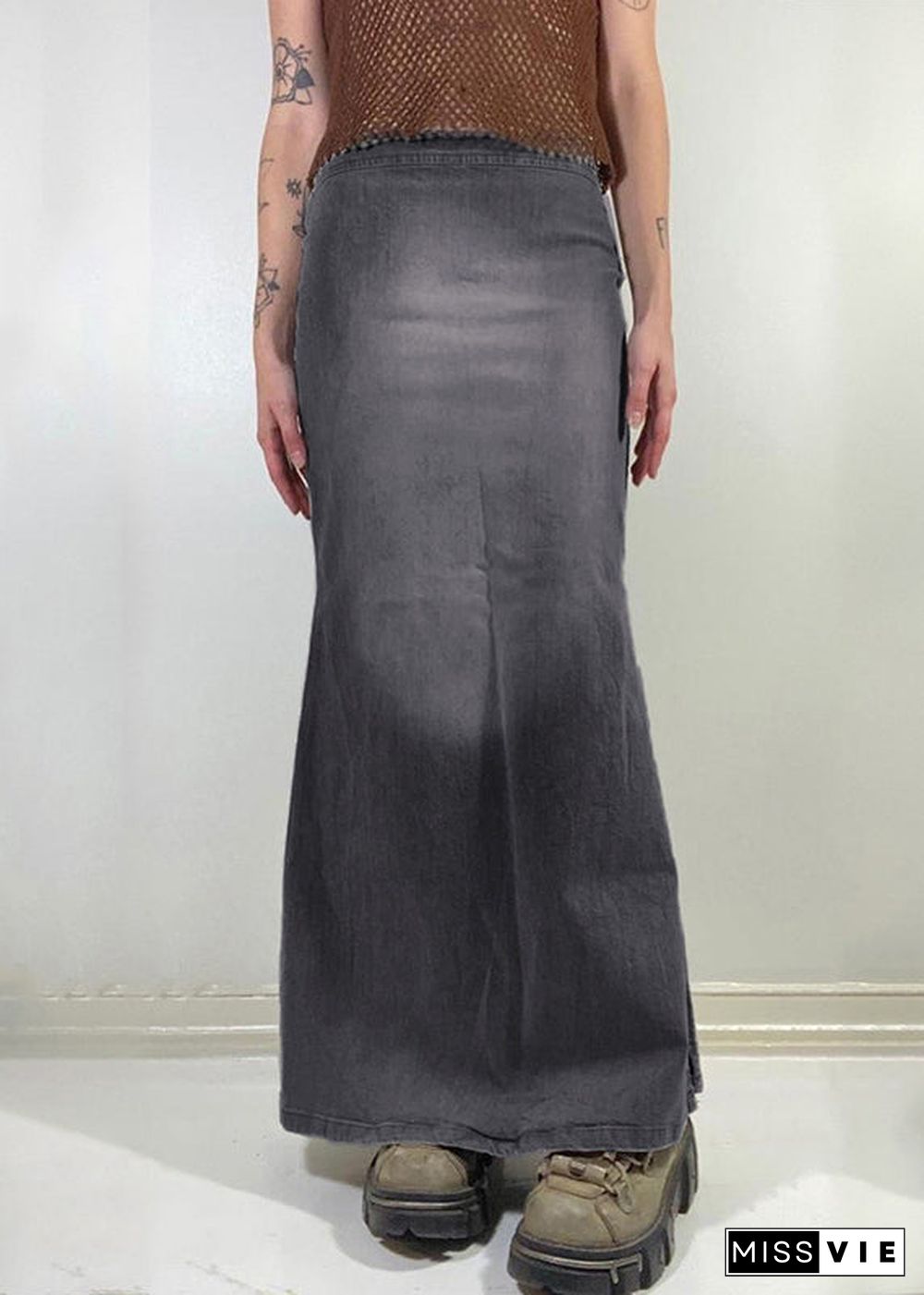 Modern Grey Side Open High Waist Patchwork Maxi Skirts Fall