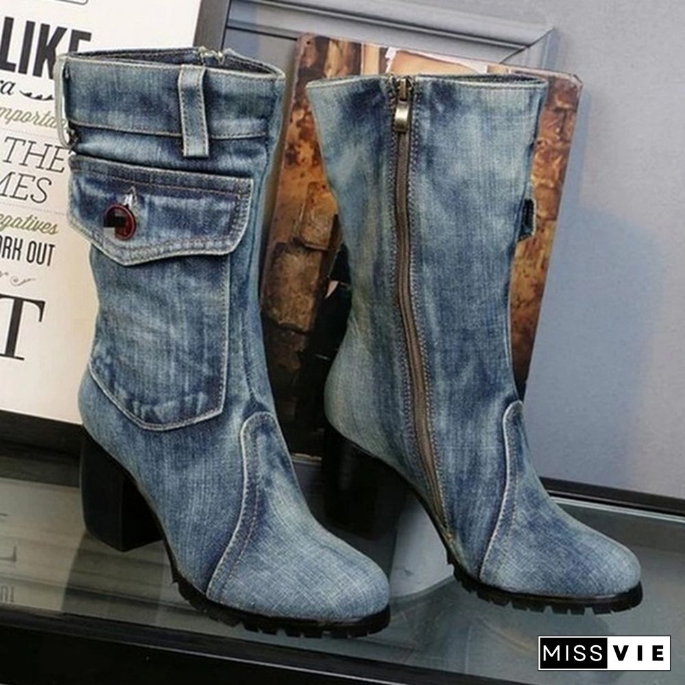 New Fashion Women's Denim Boots Chunky High Heel Mid Calf Boots Ladies Side Zipper Cowboy Boots