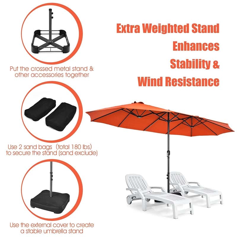 15FT Double-Sided Twin Patio Umbrella with Base & Crank System, Extra-Large Cantilever Market Umbrella