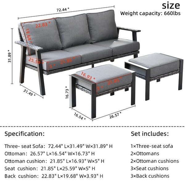 OVIOS Outdoor 3piece Wicker Sectional Sofa Set With Ottoman Steel Frame