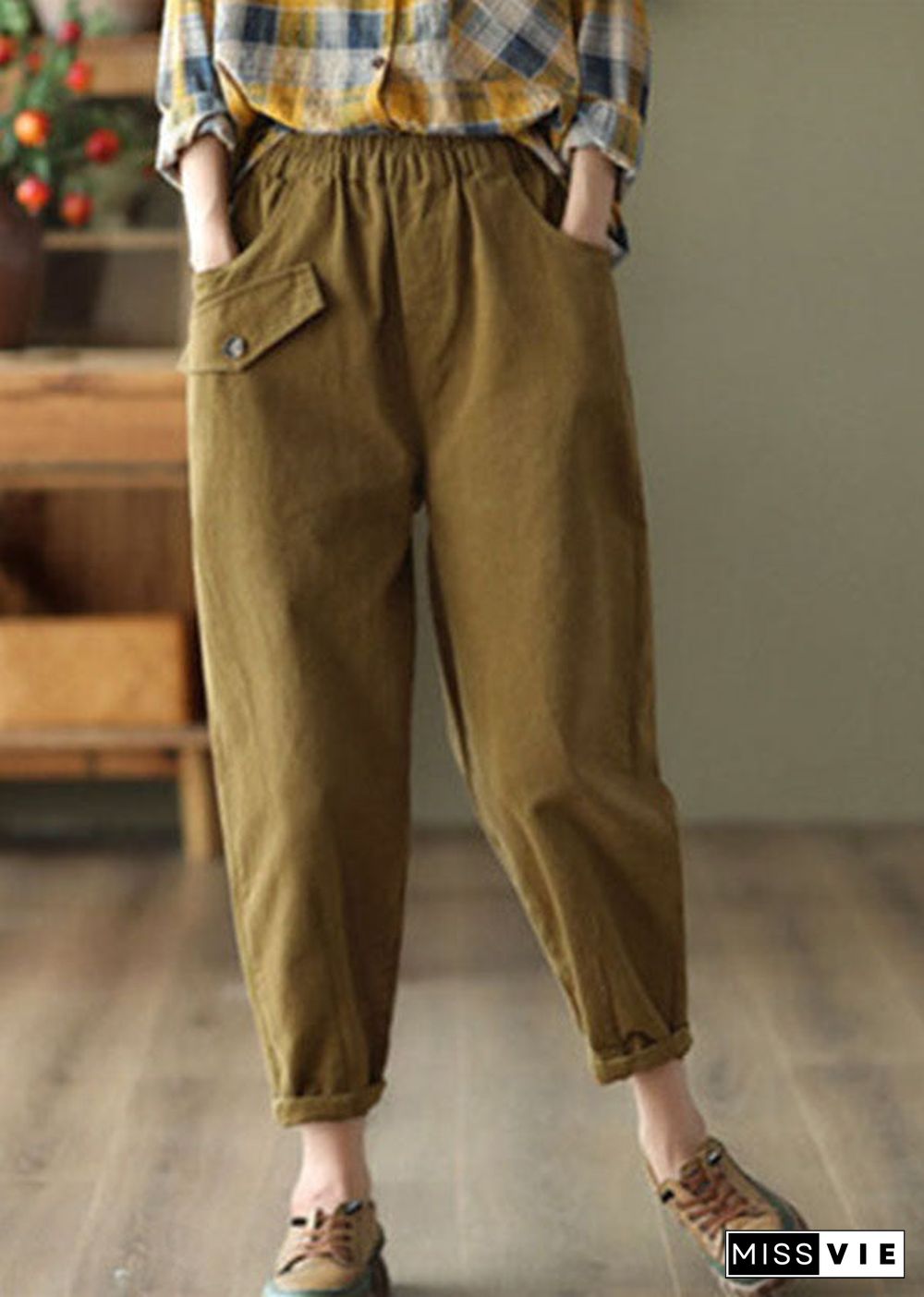 Khaki Slim Fit Cotton Harem Pants High Waist Pockets Fall