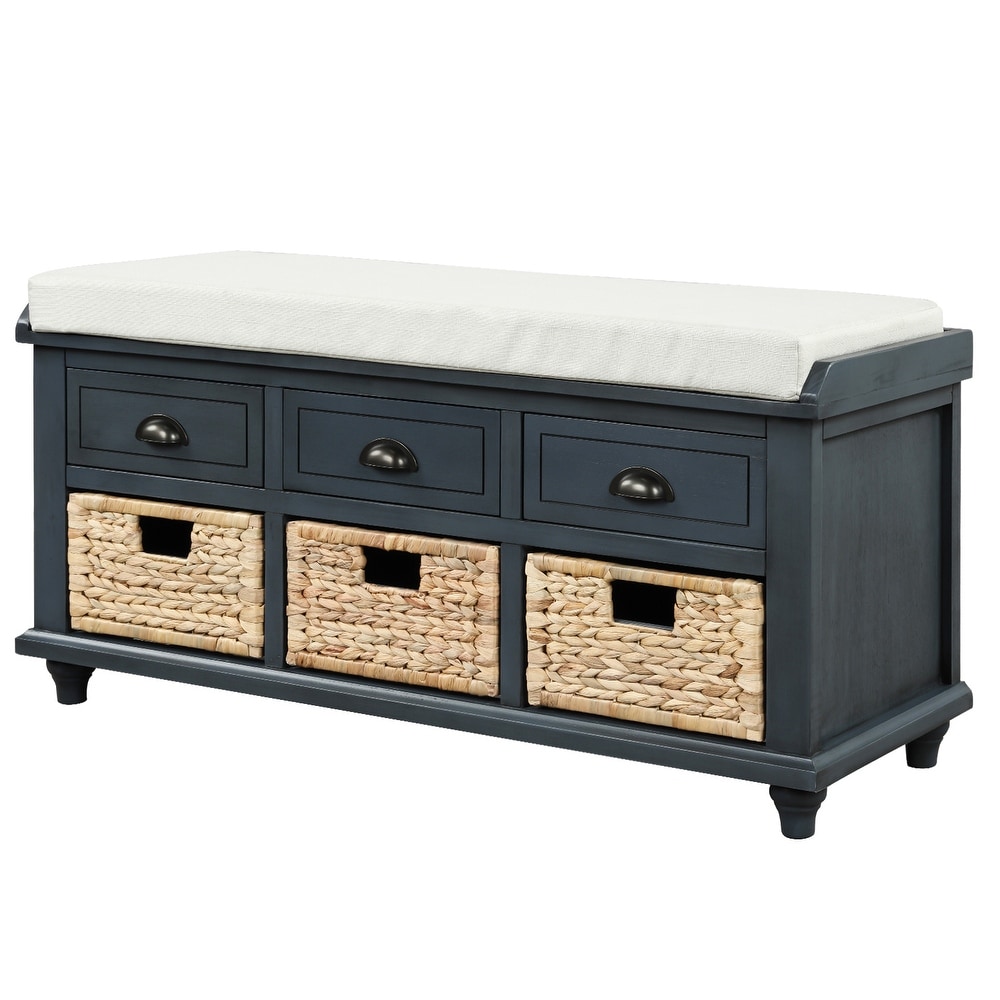 Storage Bench with Drawers and Rattan Baskets Entryway Shoe Bench