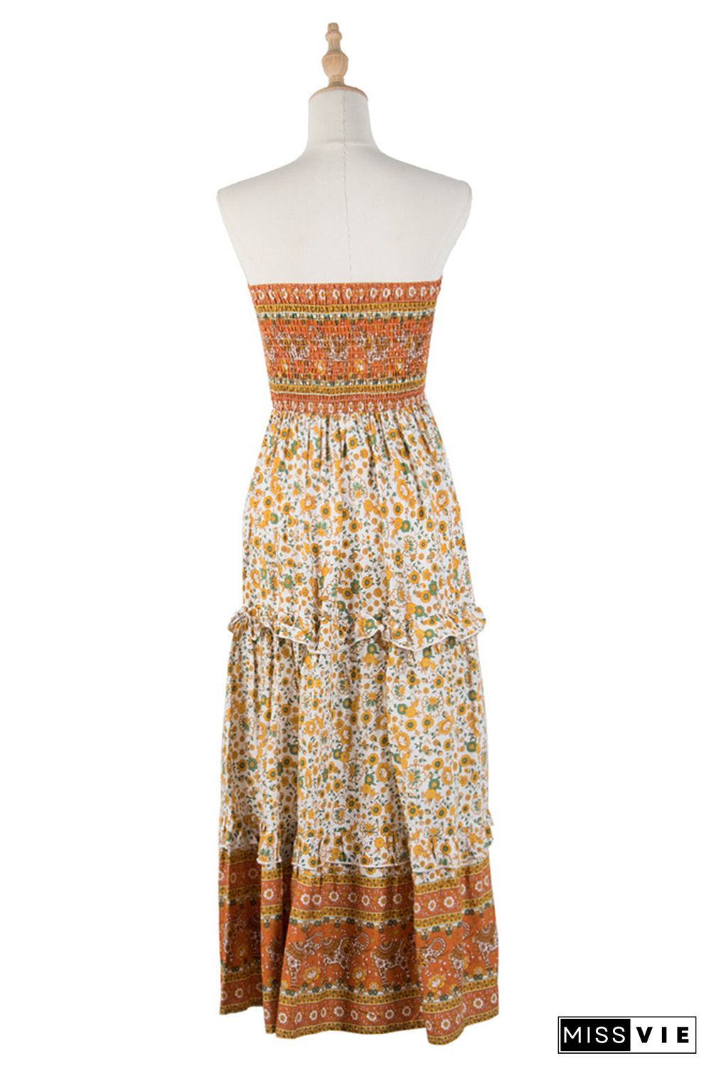 Orange Floral Smocked Bandeau Tiered Maxi Dress