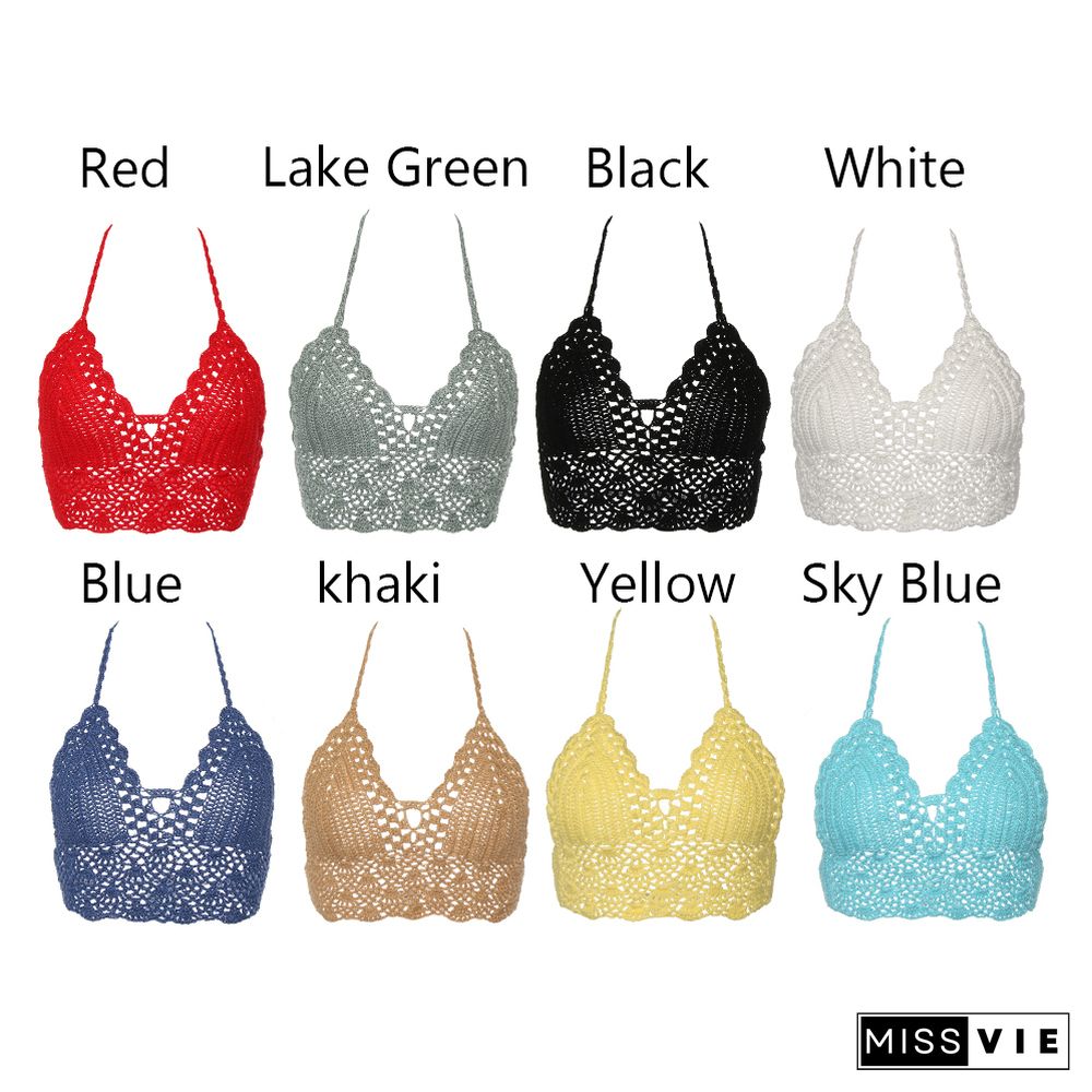 Summer Beach Crochet Bikini Tank Top Women Boho Sexy Backless Beachwear Camisoles Bikini Bralette Halter Cami Knitted Bra