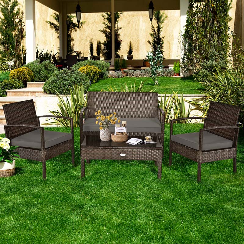 4 Pcs Wicker Patio Conversation Furniture Set Outdoor Rattan Sofa Set with Coffee Table & Washable Cushions