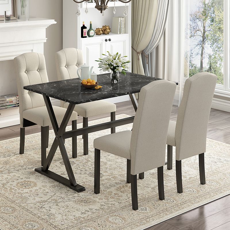 Solid Wood 5-Piece Dining Table Set with Faux Marble Tabletop and Upholstered Dining Chairs for 4