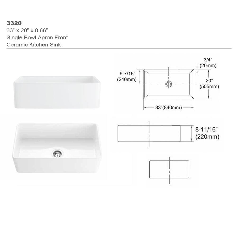 YASINU YSNSINKSA White Fireclay 33 in. Single Bowl Farmhouse Apron Kitchen Sink with Bottom Grid and Strainer YN3320A