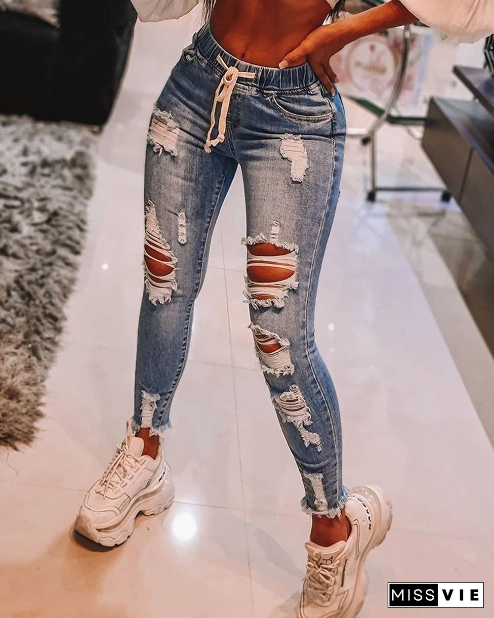 High Waist Cutout Ripped Skinny Jeans