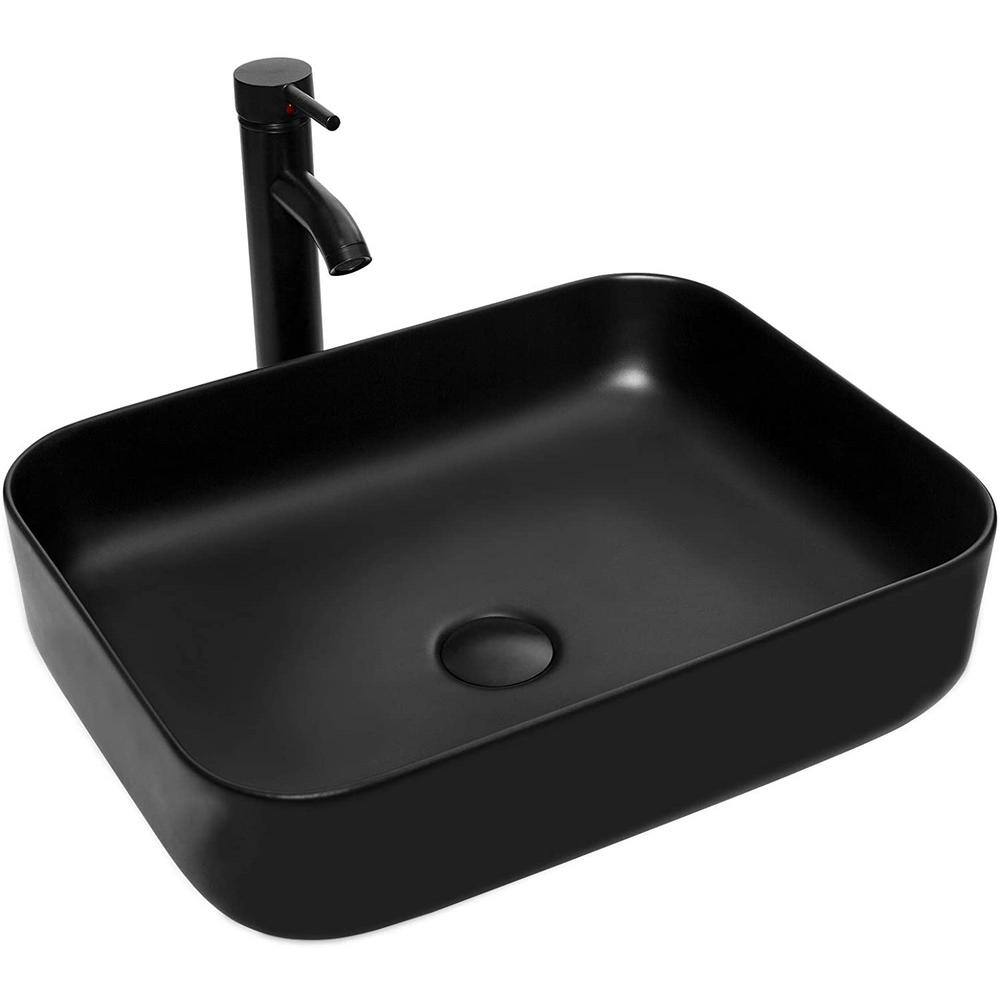 Puluomis Black Ceramic Rectangular Vessel Sink with Unique Full Black Design with Black Faucet Pop up Drain Set US-BG1008