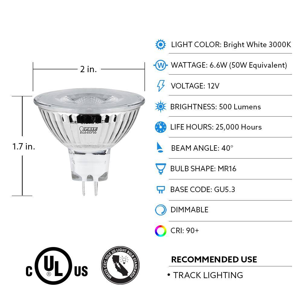 Feit Electric 50-Watt Equivalent MR16 GU5.3 Bi-Pin 12-Volt Dimmable CEC Compliant LED 90+ CRI Flood Light Bulb Bright White (3-Pack) BPEXN930CA3