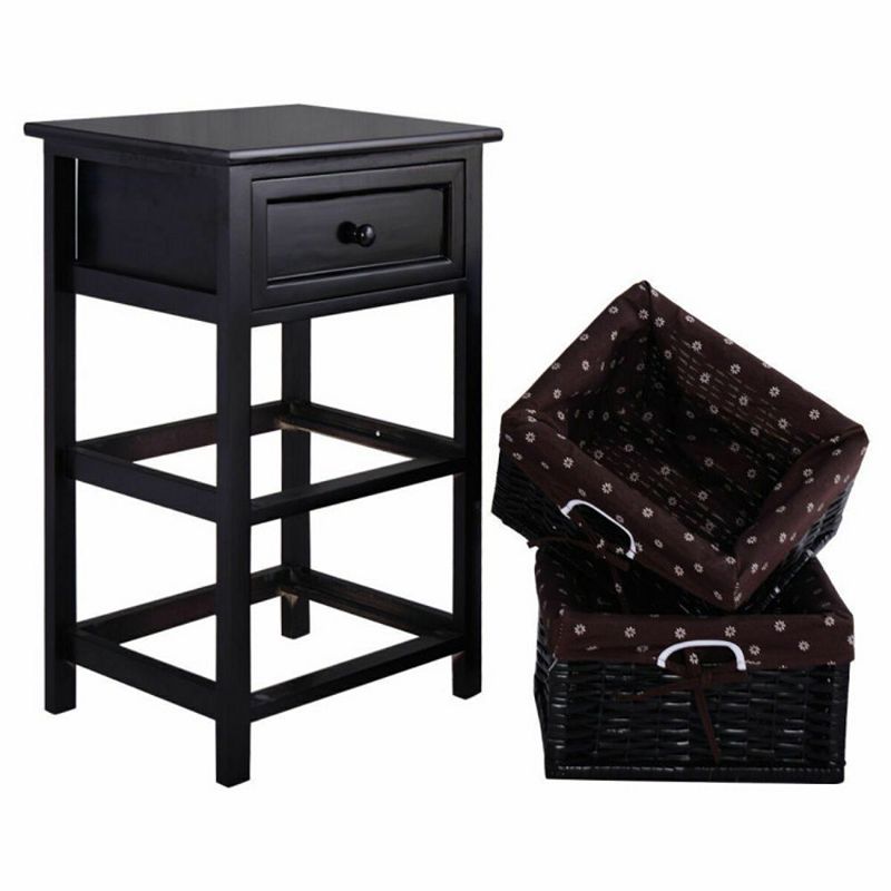 Hivago 3 Tier Set of 2 Wood Nightstand with 1 and 2 Drawer -Black