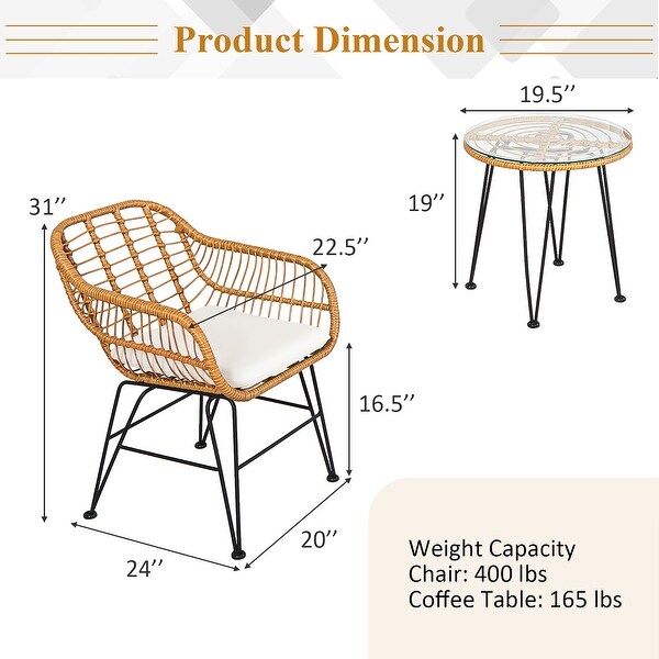 Costway 3PCS Patio Rattan Bistro Furniture Set Cushioned Chair Table