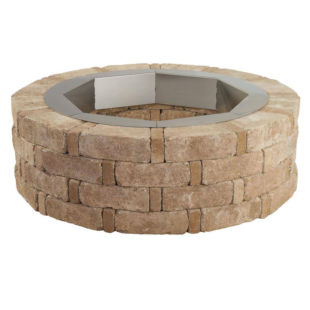 Pavestone RumbleStone 46 in. x 14 in. Round Concrete Fire Pit Kit No. 2 in Cafe with Round Steel Insert RSK55869