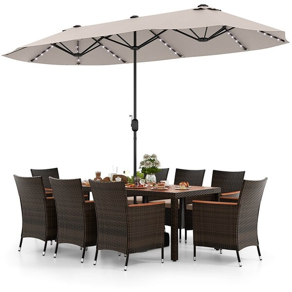 11 PCS Patio Dining Set Outdoor Rattan Furniture Set w/ 15ft Umbrella